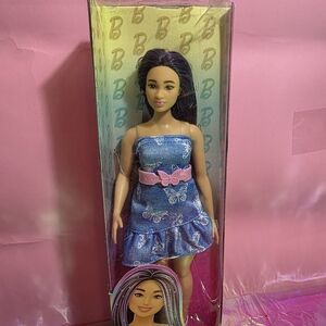 Barbie Fashionistas Doll #231 Denim Butterfly Dress With Pink Belt, Purple Hair